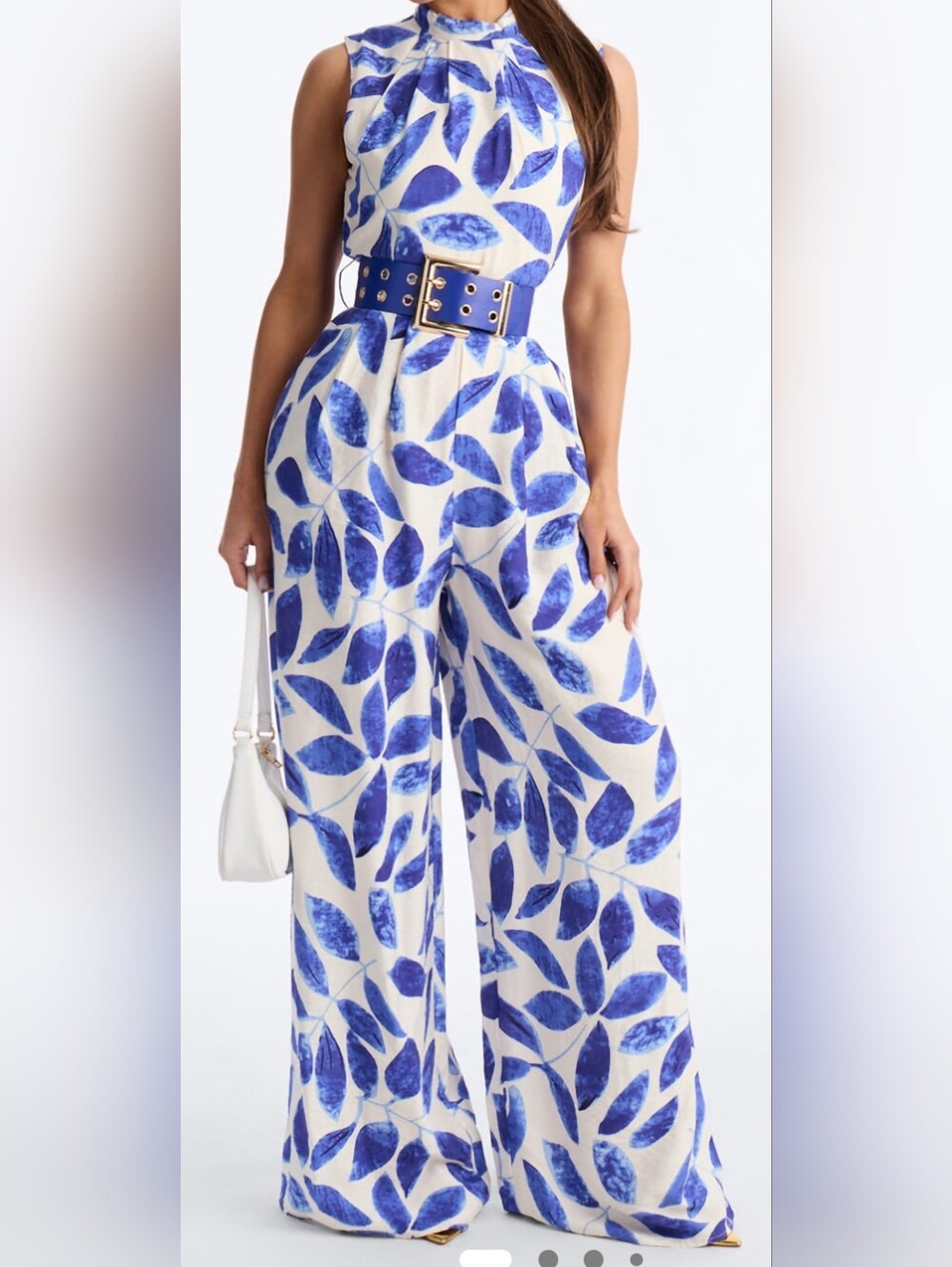 Fashion Nova Blue Leaf-Print Wide Leg Jumpsuit